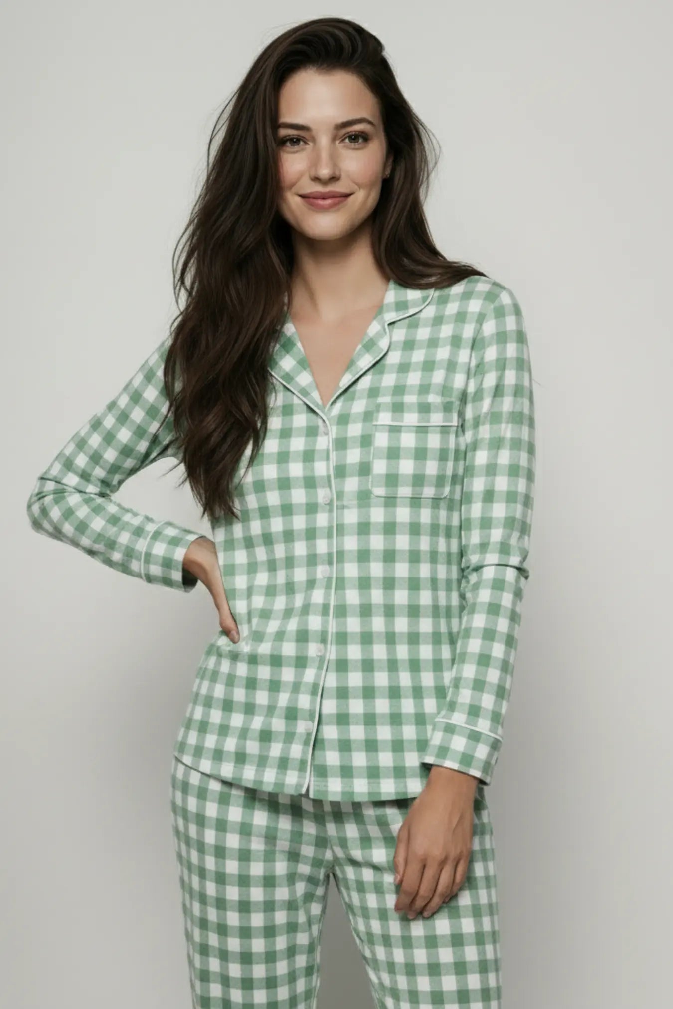 Yeşil Kare Desenli Rahat Pijama Takımı