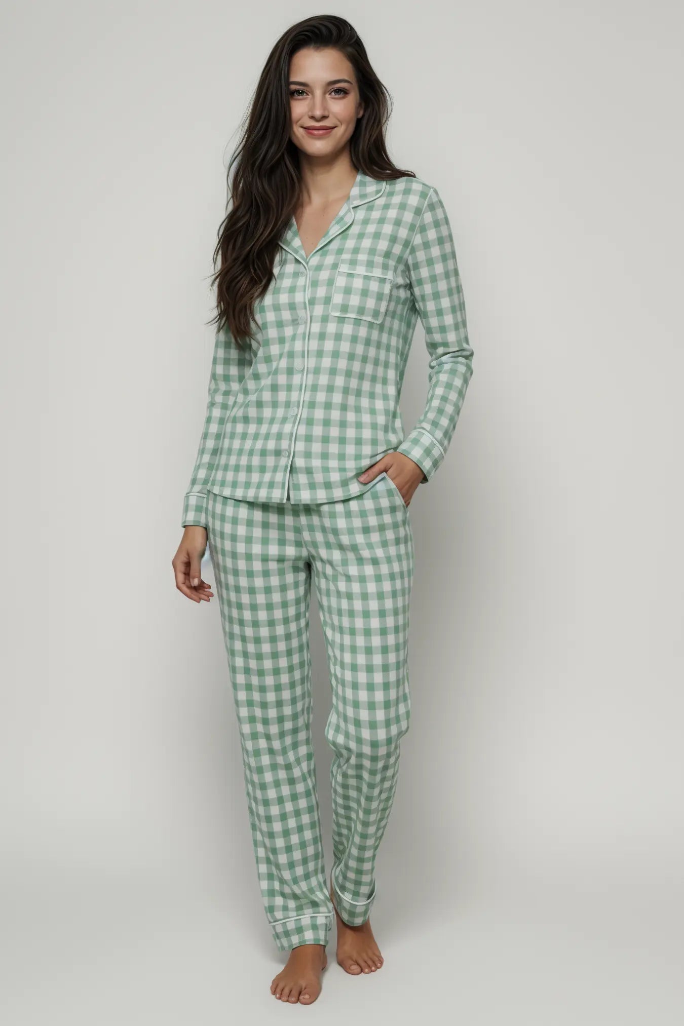 Yeşil Kare Desenli Rahat Pijama Takımı