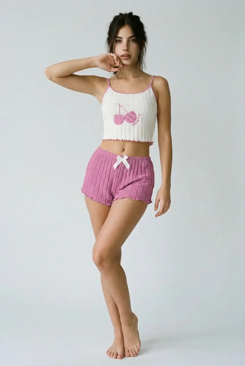 Şık Pembe Kırmızı Kiraz Ribanalı Pijama Takımı