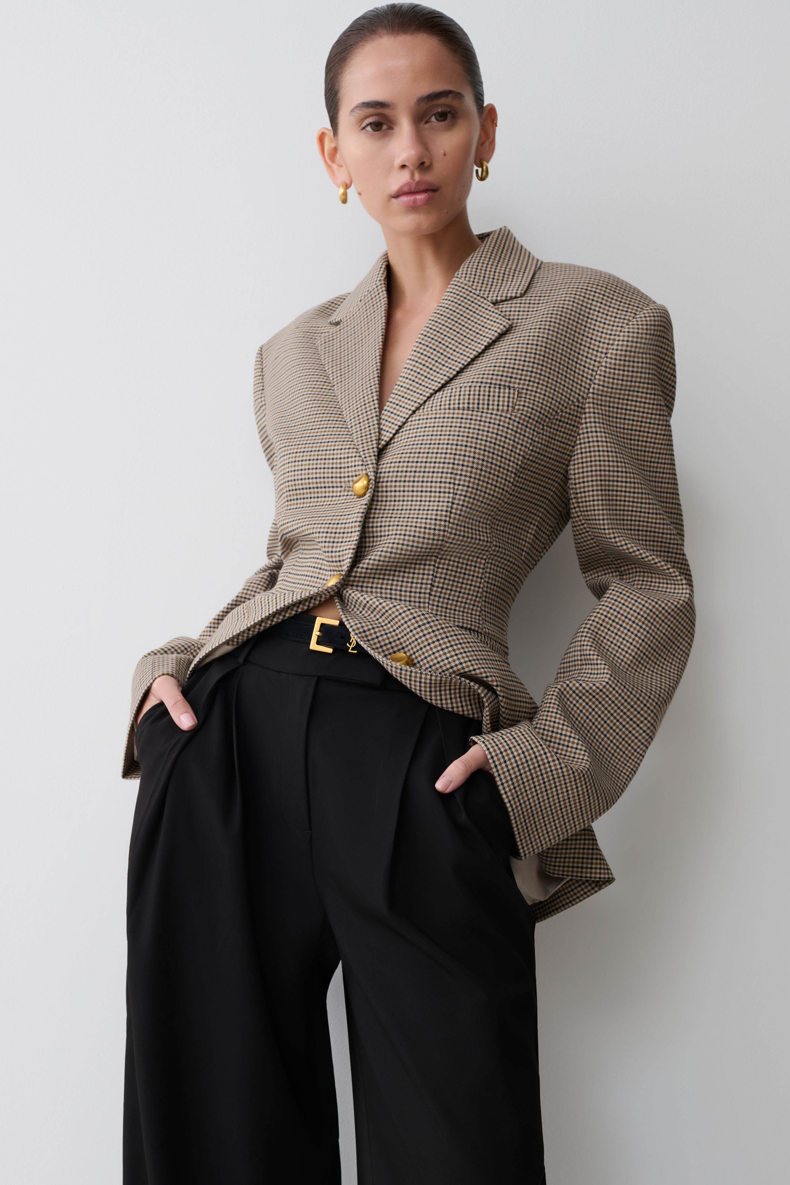 Mila Kesim Blazer Ceket - Bej Kare Desen