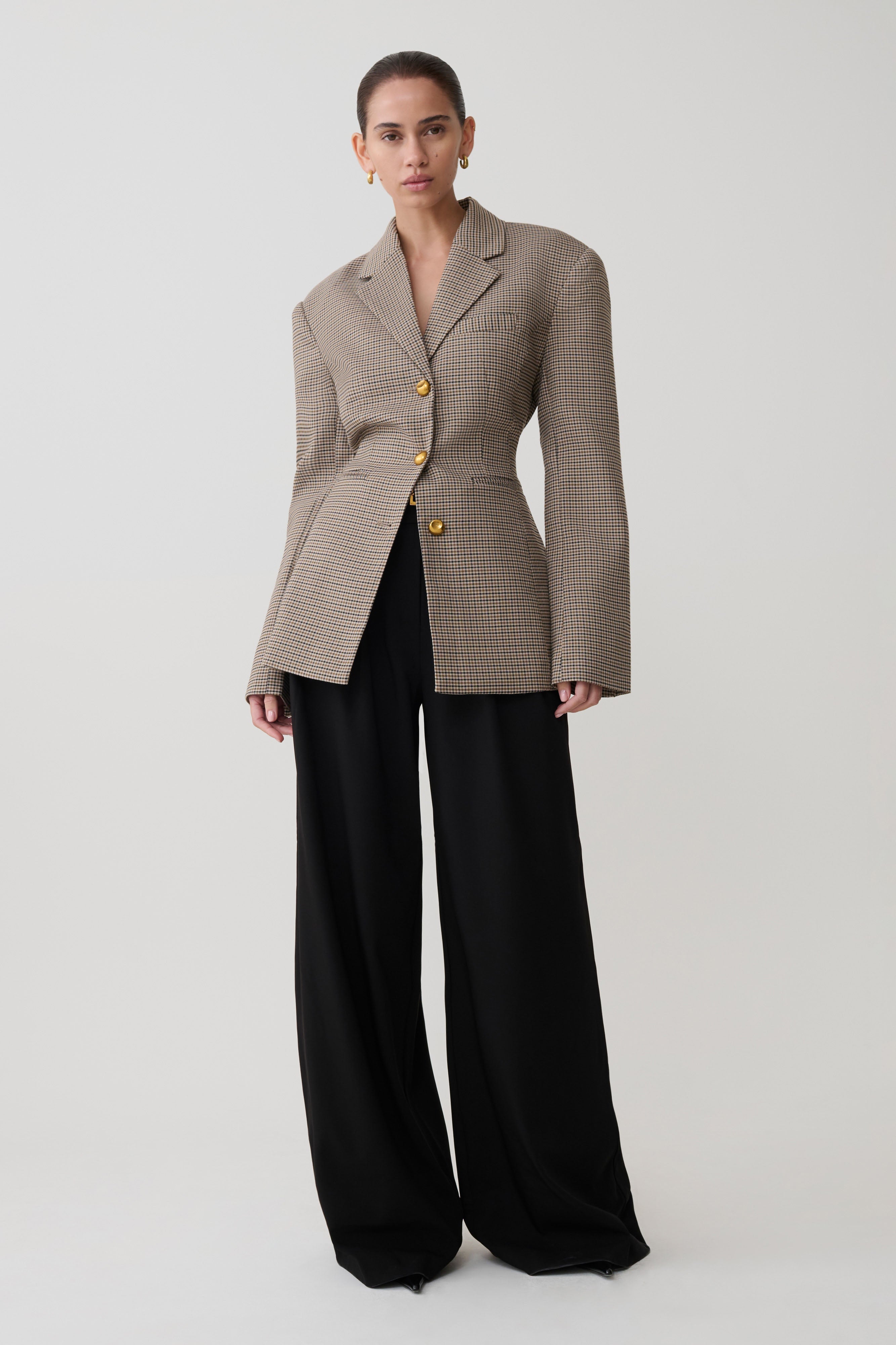Mila Kesim Blazer Ceket - Bej Kare Desen