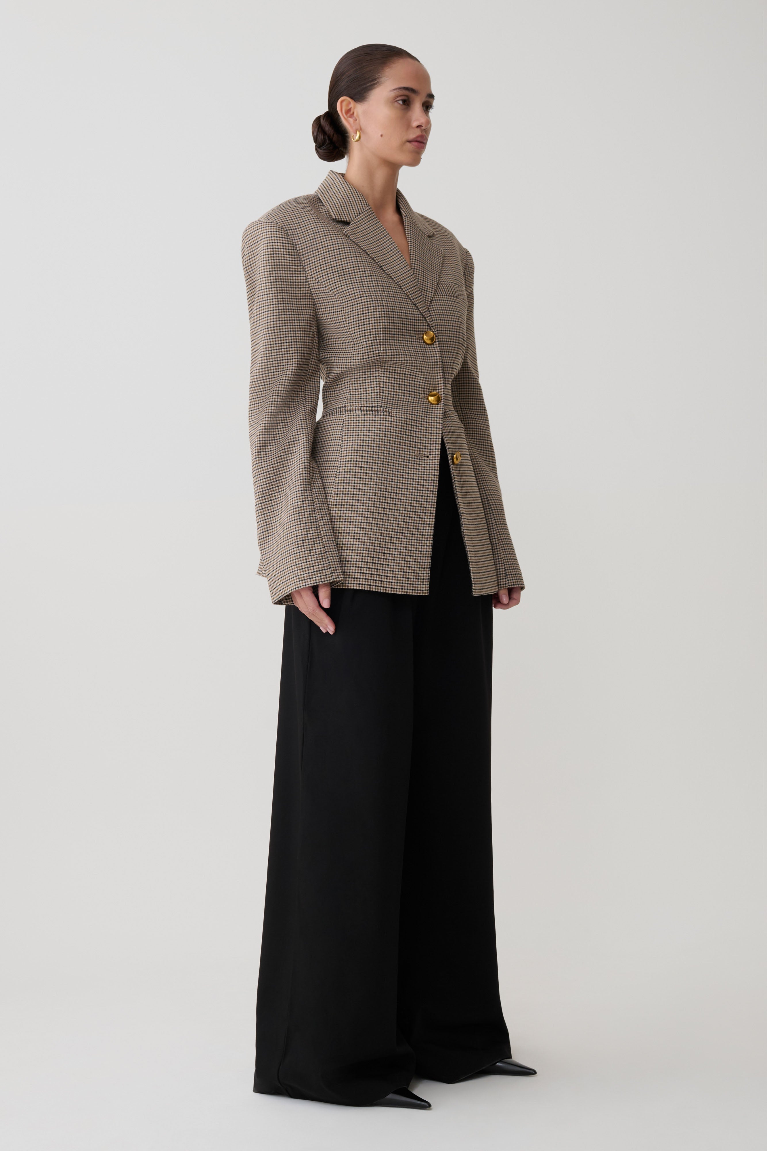 Mila Kesim Blazer Ceket - Bej Kare Desen