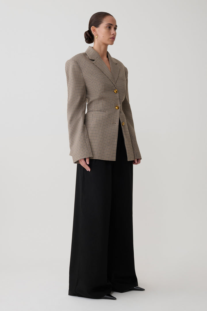 Mila Kesim Blazer Ceket - Bej Kare Desen