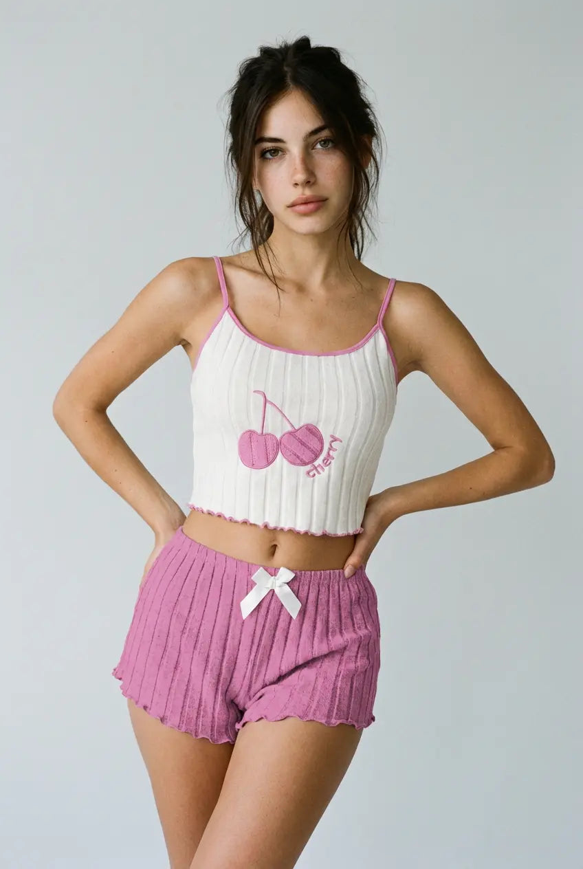 Şık Pembe Kırmızı Kiraz Ribanalı Pijama Takımı
