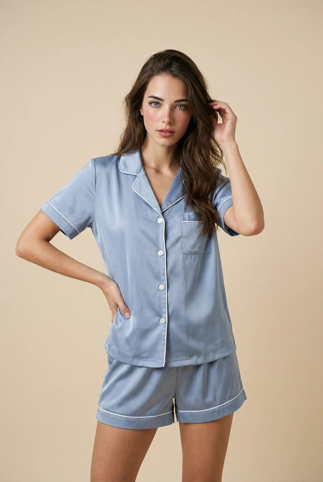 Pamuklu Kısa Kollu Pijama Takımı - Açık Mavi