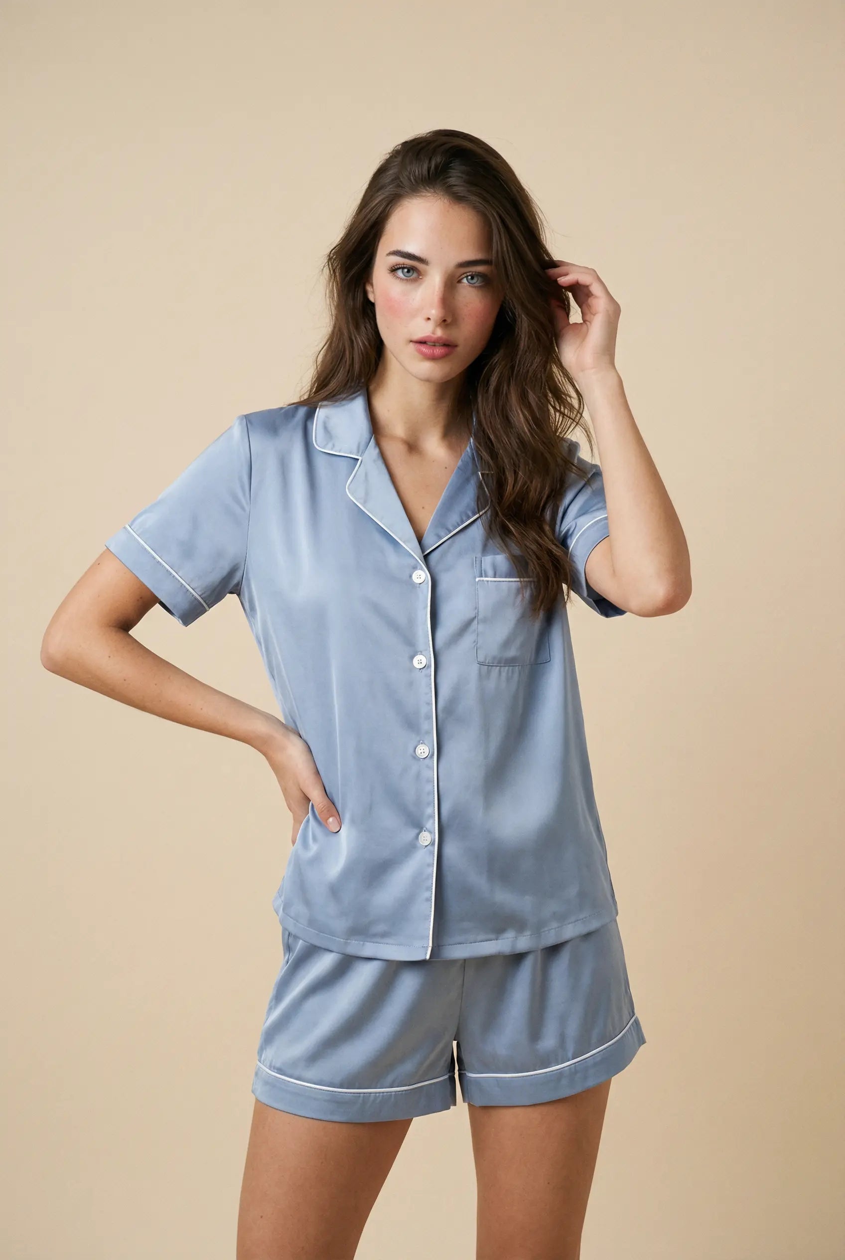 Pamuklu Kısa Kollu Pijama Takımı - Açık Mavi