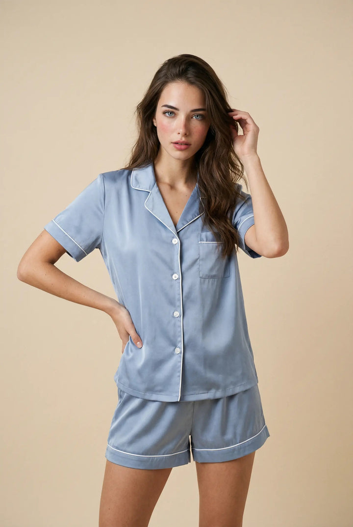 Pamuklu Kısa Kollu Pijama Takımı - Açık Mavi
