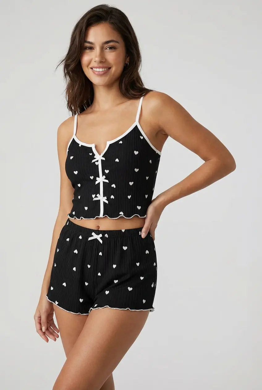 100% Pamuk - Kalp Desenli Siyah Ribana Pijama Takımı