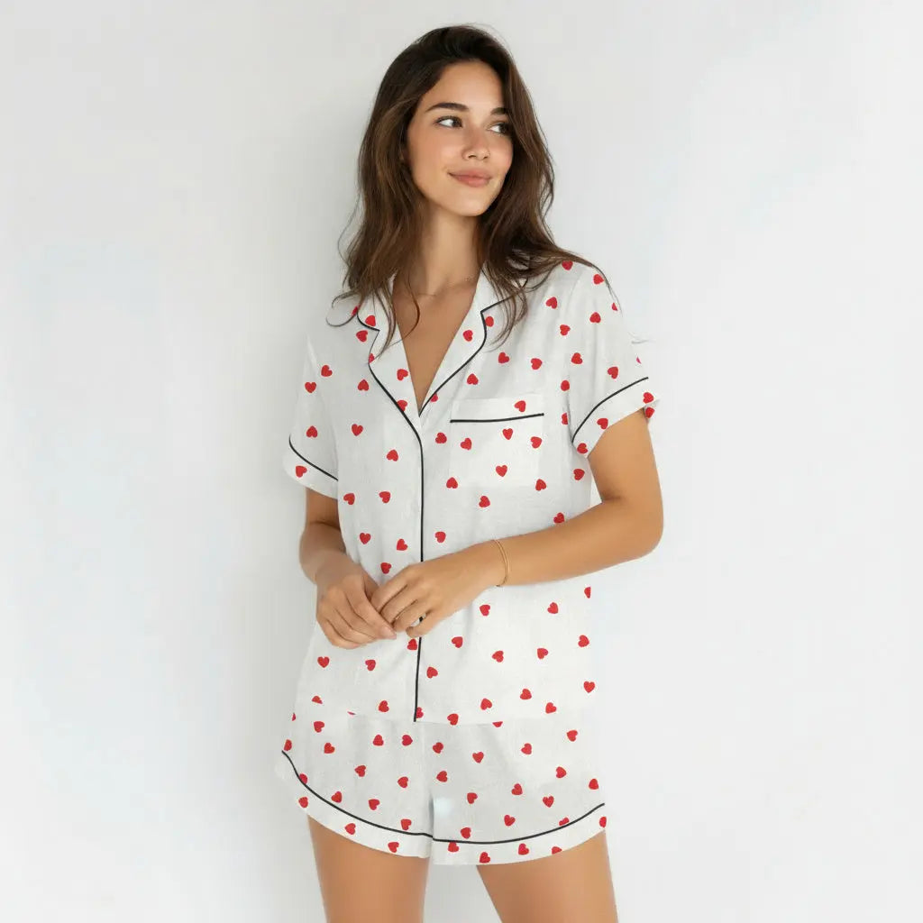 Kalp Desenli Beyaz Kısa Kollu Pijama Takımı