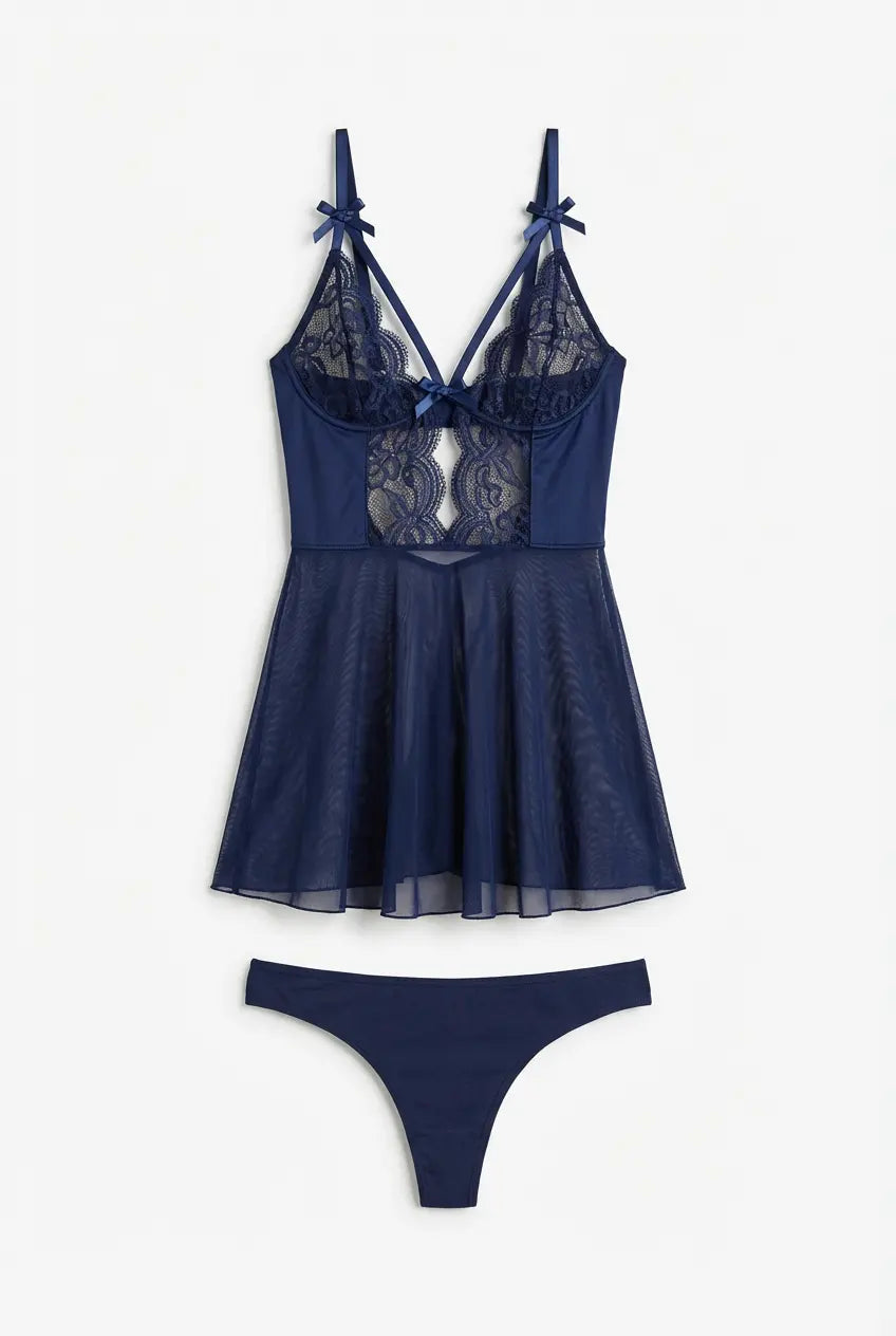 Gece Yarısı Dantel Şeffaf Babydoll Takımı