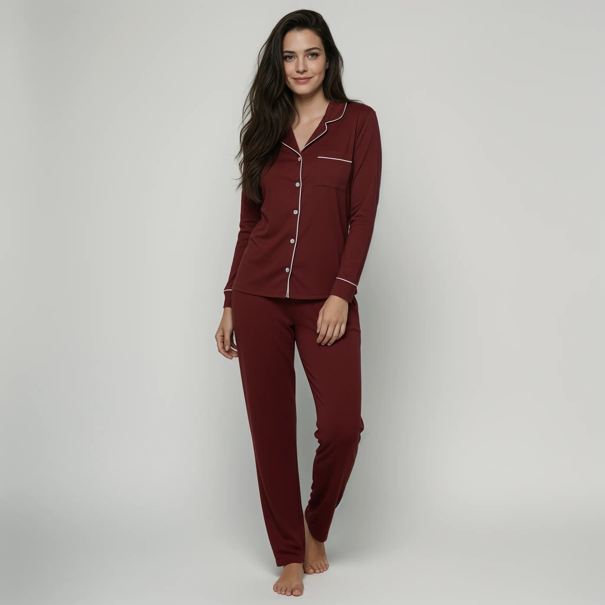 Bordo Bambus Uzun Kollu Pijama Takımı