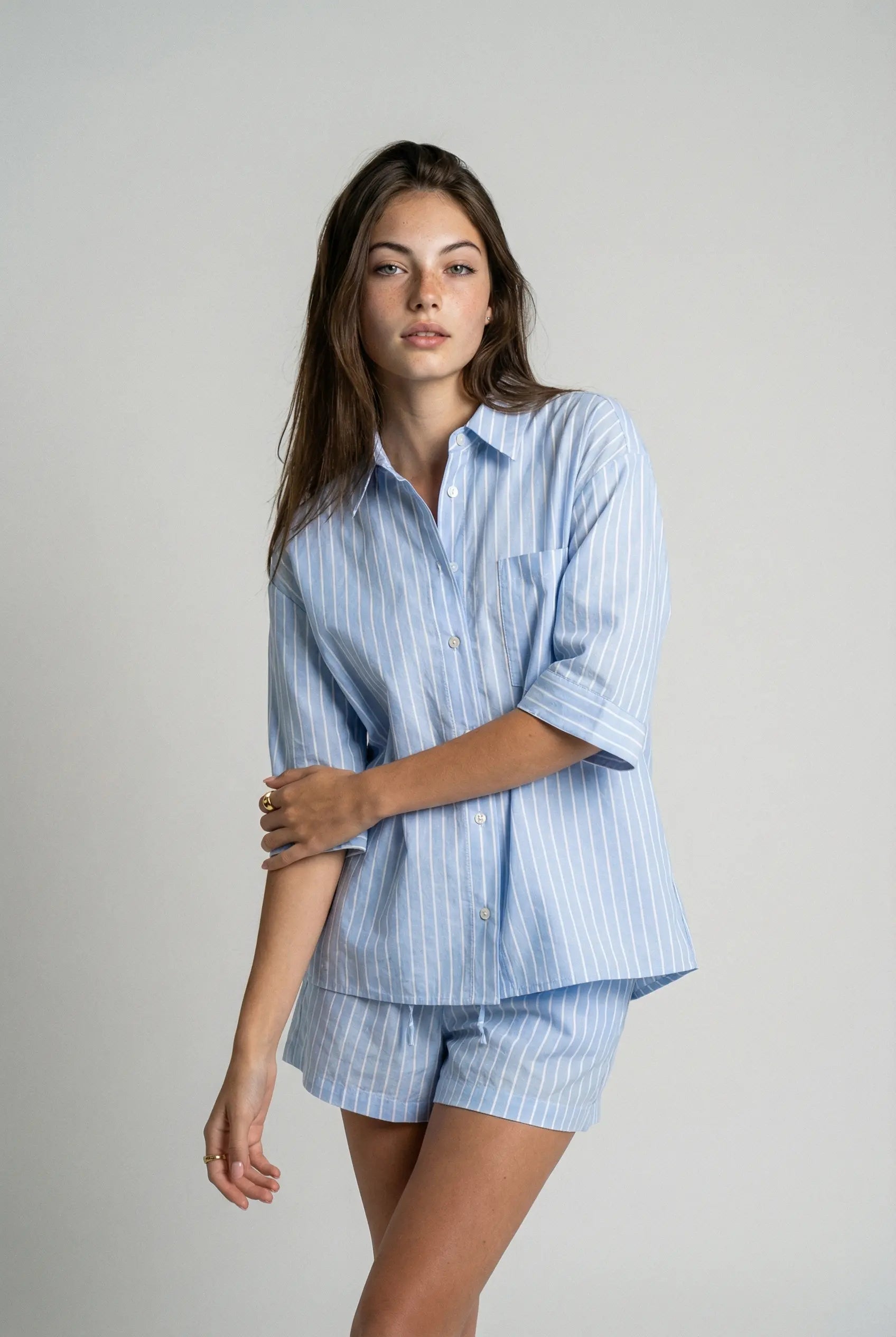 Çizgili Kısa Pijama Takımı - Açık Mavi