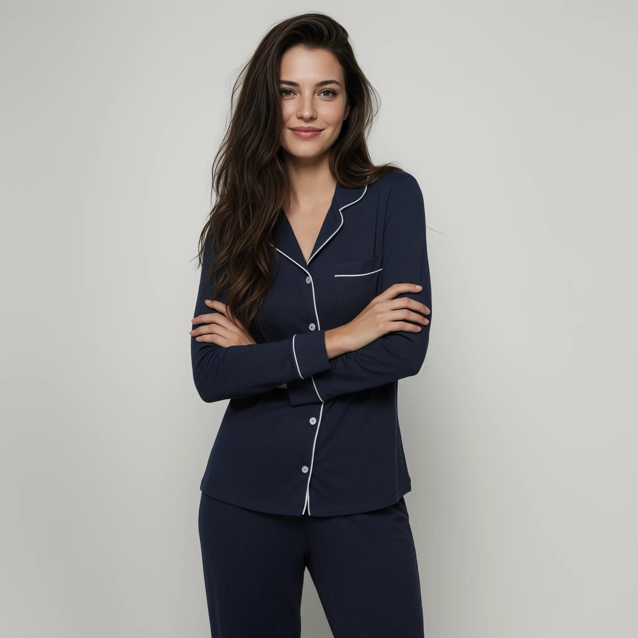 Uzun Kollu Bambus Pijama Takımı - Lacivert
