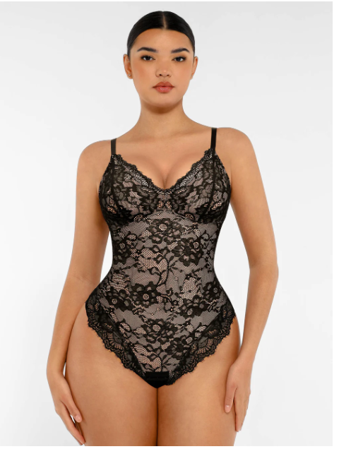 Dantelli V Yaka Tam Vücut Bodysuit (Kopya)