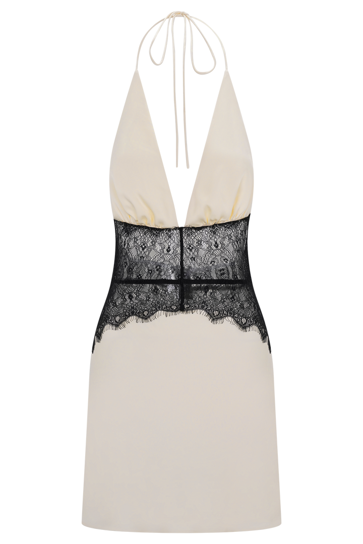 Dinah Dantel ve Saten Mini Elbise - Siyah/Krem