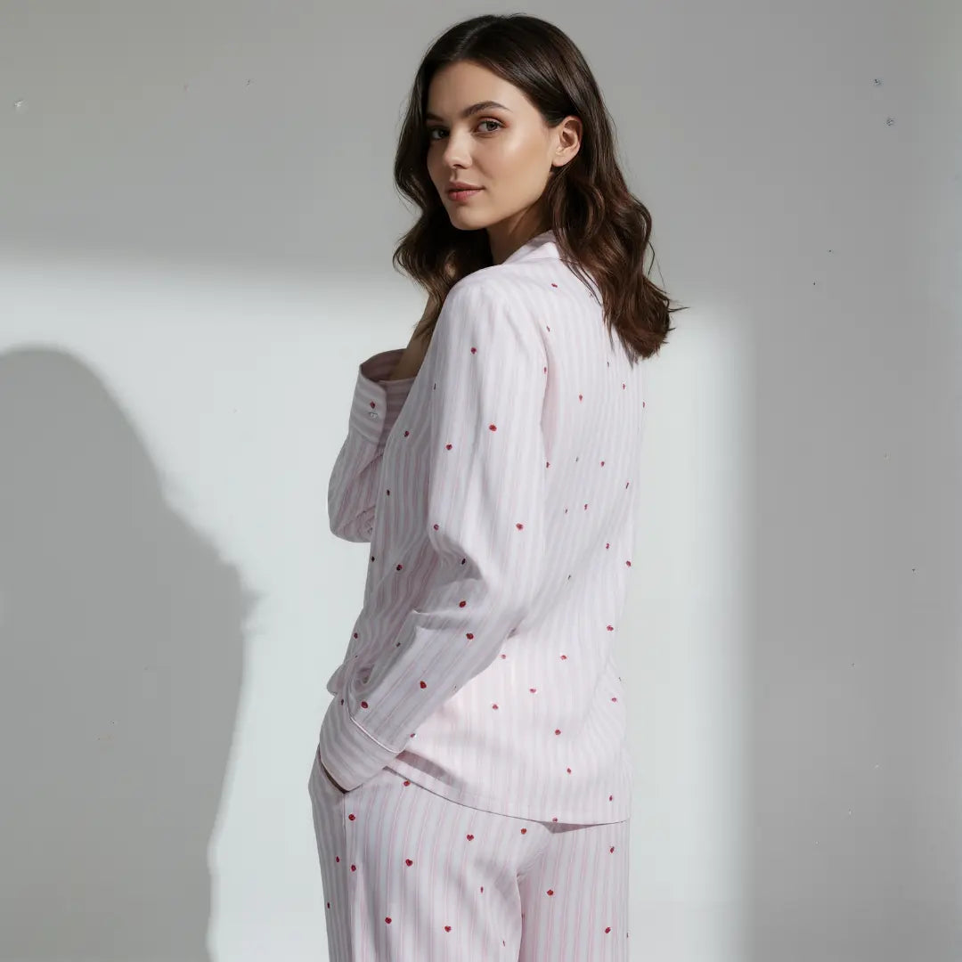 Kalp Desenli Uzun Kollu Pijama Takımı - Şık ve Rahat