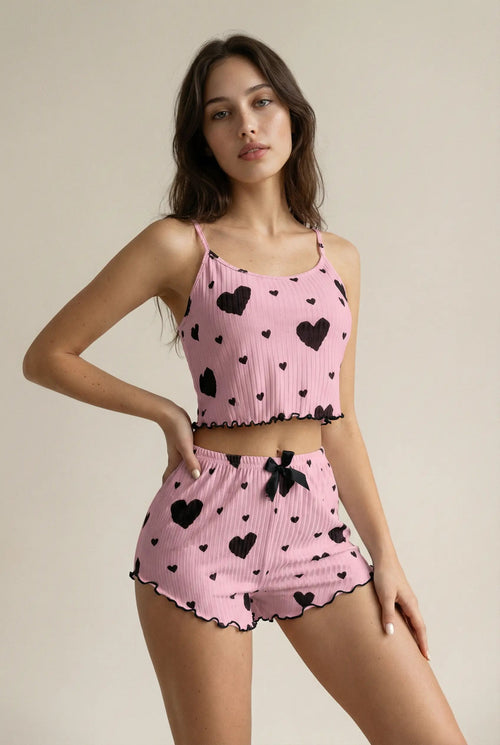 100% Pamuk - Siyah Kalp Desenli Pembe Ribana Pijama Takımı