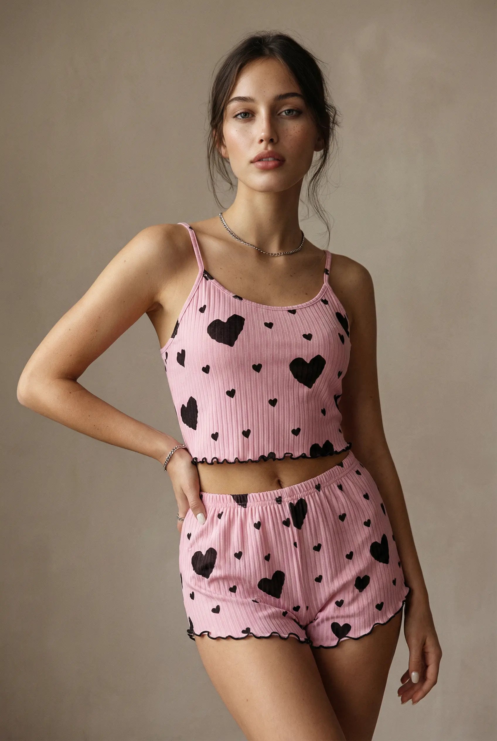 100% Pamuk - Siyah Kalp Desenli Pembe Ribana Pijama Takımı