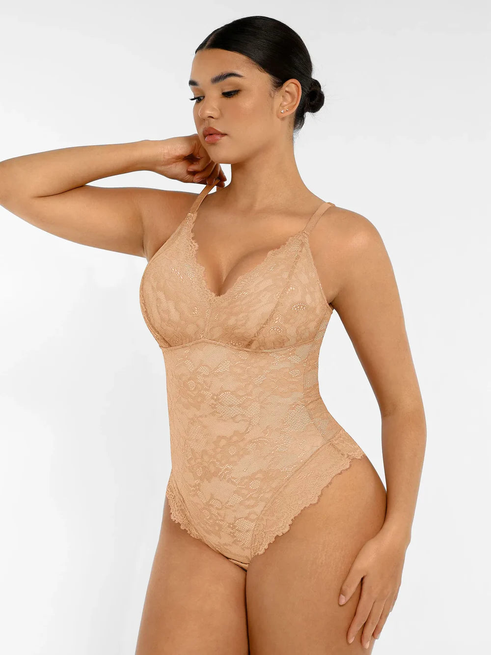 Dantelli V Yaka Tam Vücut Bodysuit (Kopya)