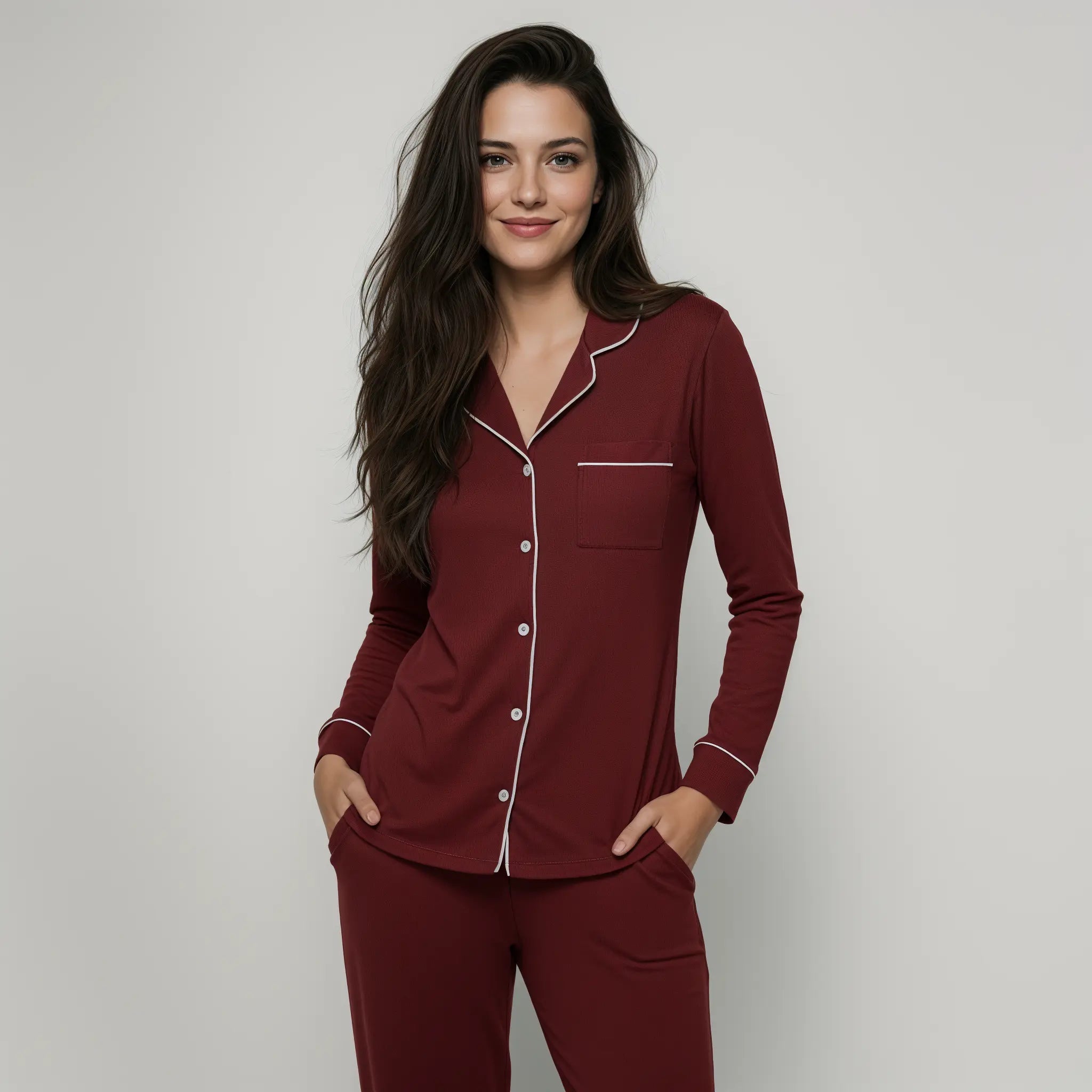Bordo Bambus Uzun Kollu Pijama Takımı