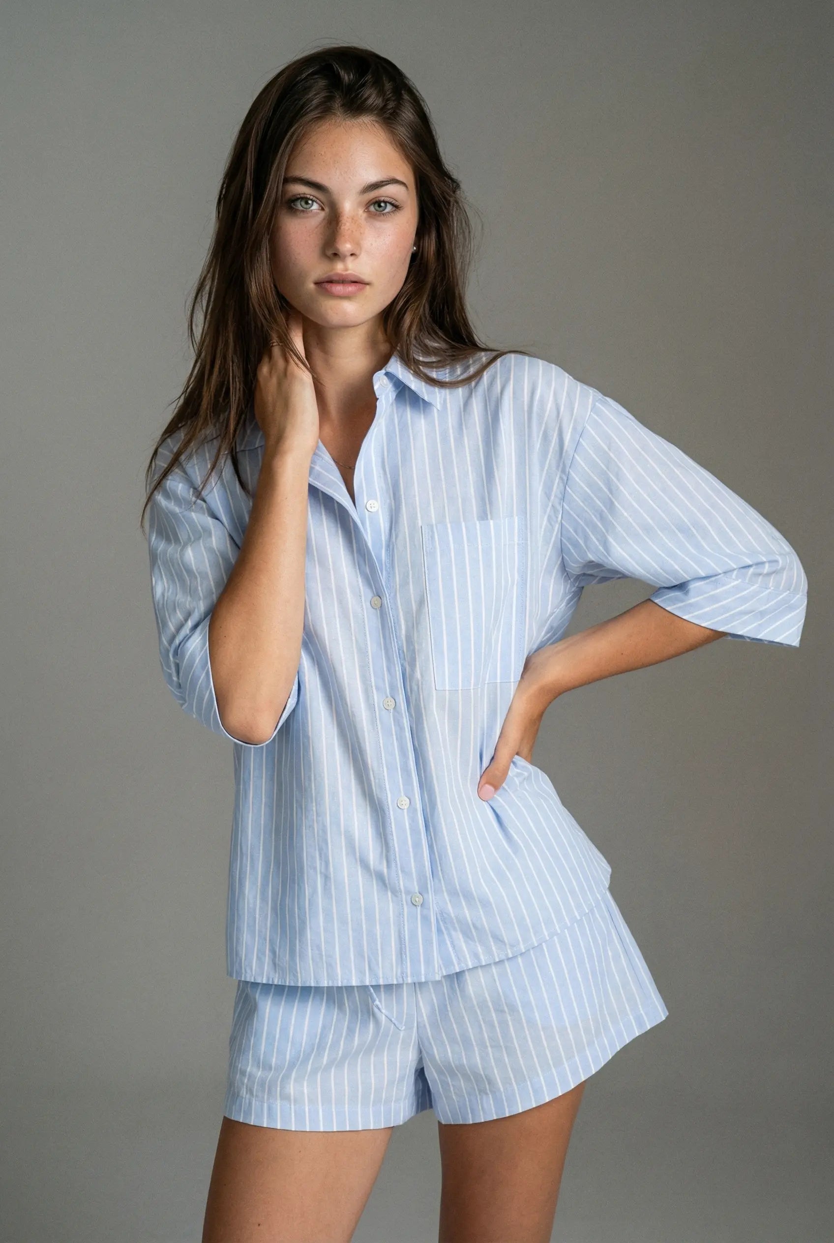 Çizgili Kısa Pijama Takımı - Açık Mavi