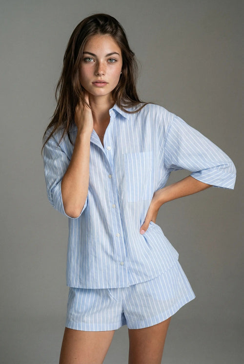 Çizgili Kısa Pijama Takımı - Açık Mavi
