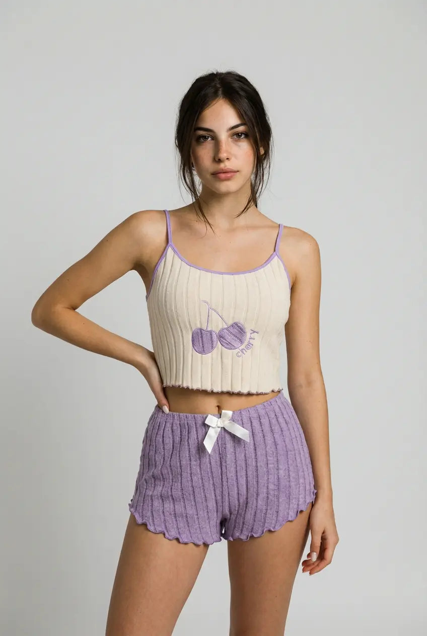 Mor Renkli Kabarık Kiraz Desenli Pijama Takımı