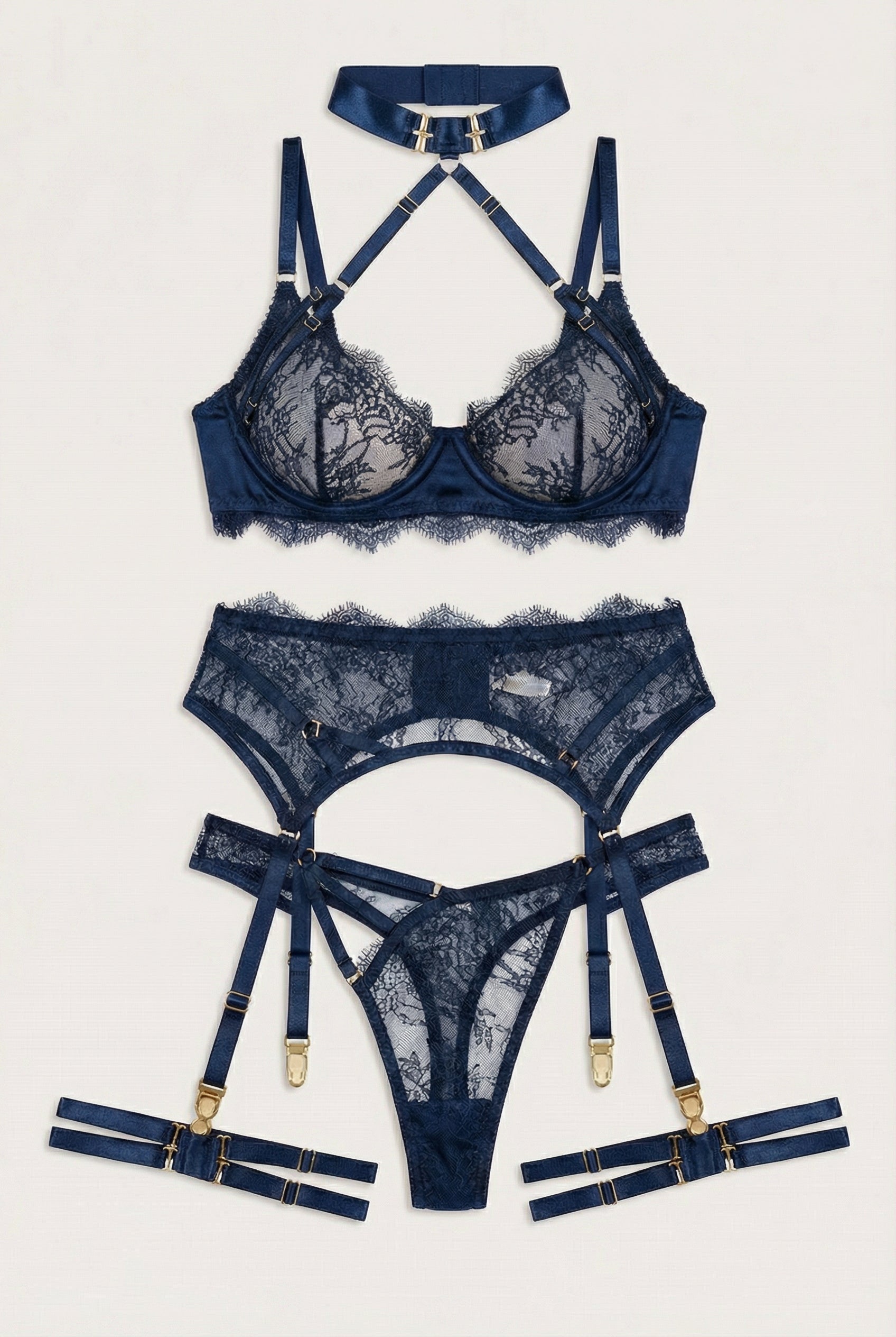 Şeffaf Dantel Askılı Lingerie Takımı - Lacivert