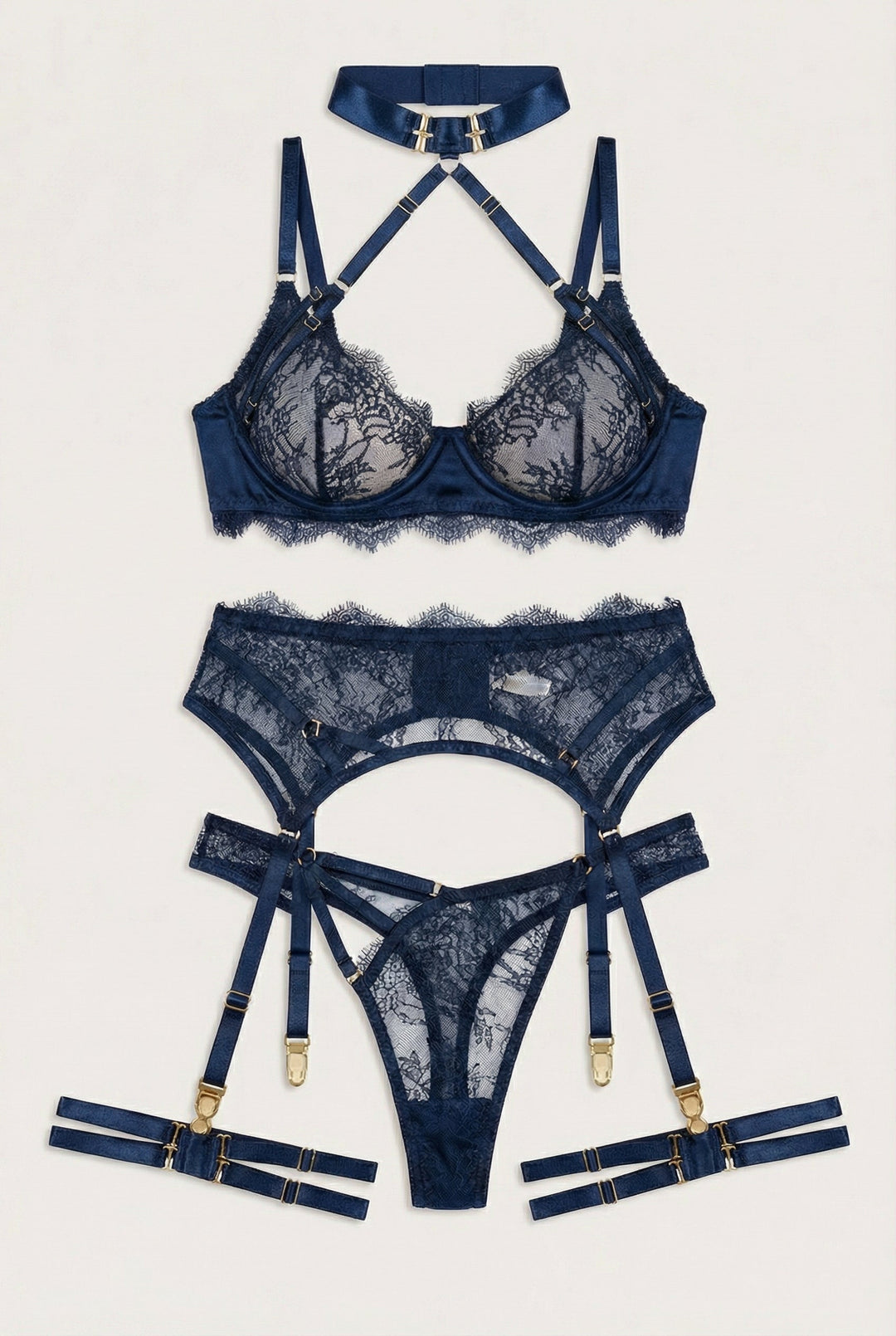 Şeffaf Dantel Askılı Lingerie Takımı - Lacivert