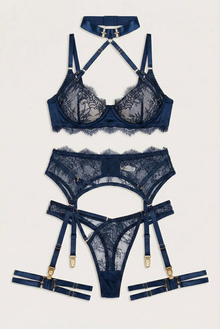Şeffaf Dantel Askılı Lingerie Takımı - Lacivert
