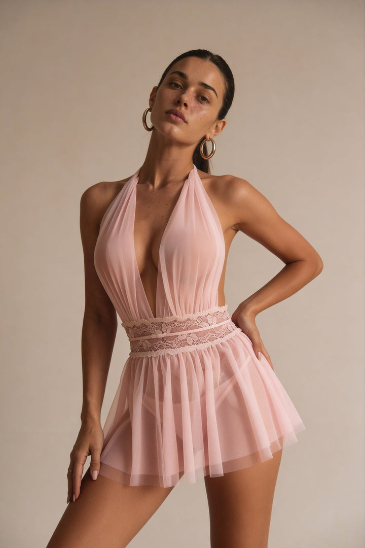 Voile de Lune – Şeffaf Babydoll Elbise - Pembe