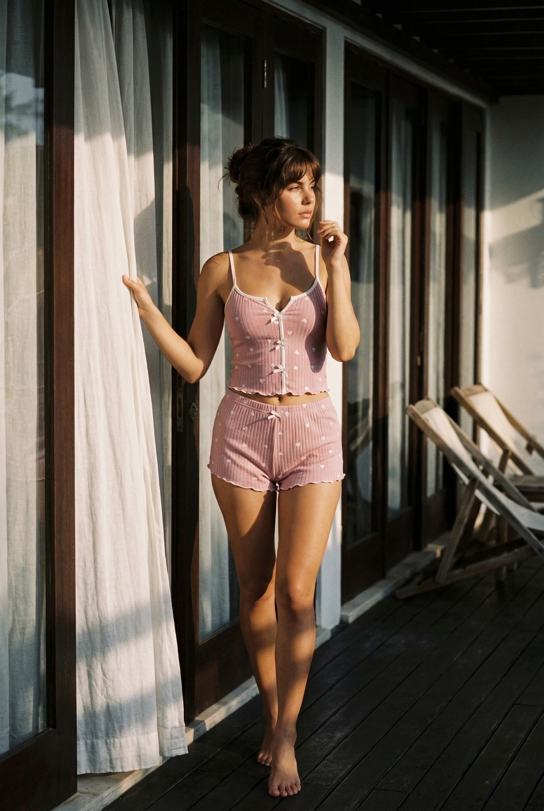 %100 Pamuk - Kalp Desenli Pembe Ribana Pijama Takımı