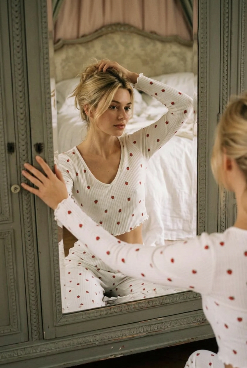 Çilek Desenli Ribanalı Uzun Kollu Pijama Takımı
