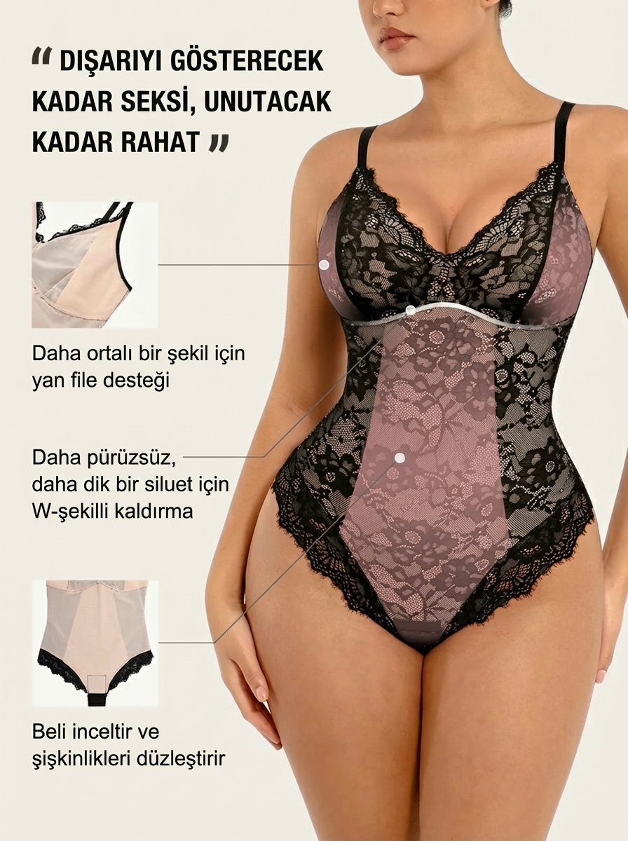 Dantelli V Yaka Tam Vücut Bodysuit (Kopya)