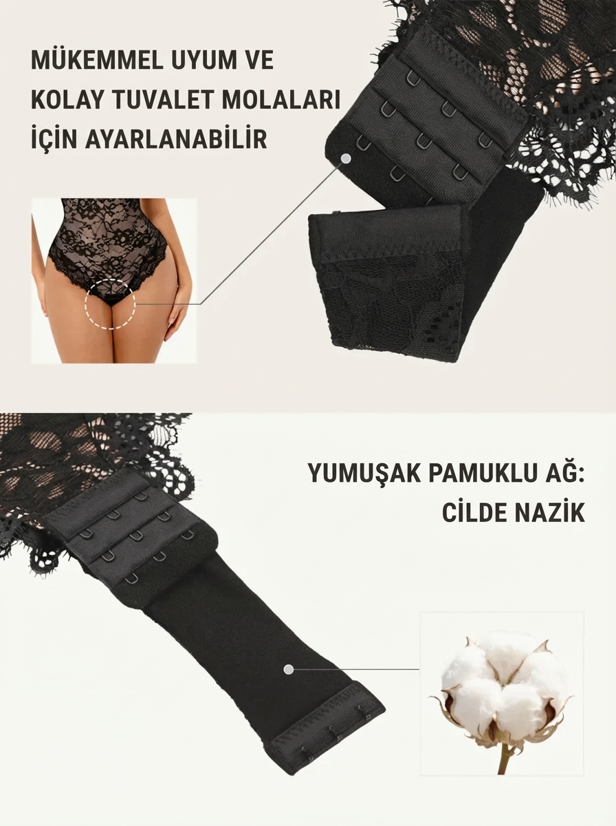Dantelli V Yaka Tam Vücut Bodysuit (Kopya)