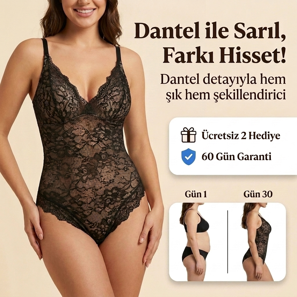 Dantelli V Yaka Tam Vücut Bodysuit (Kopya)