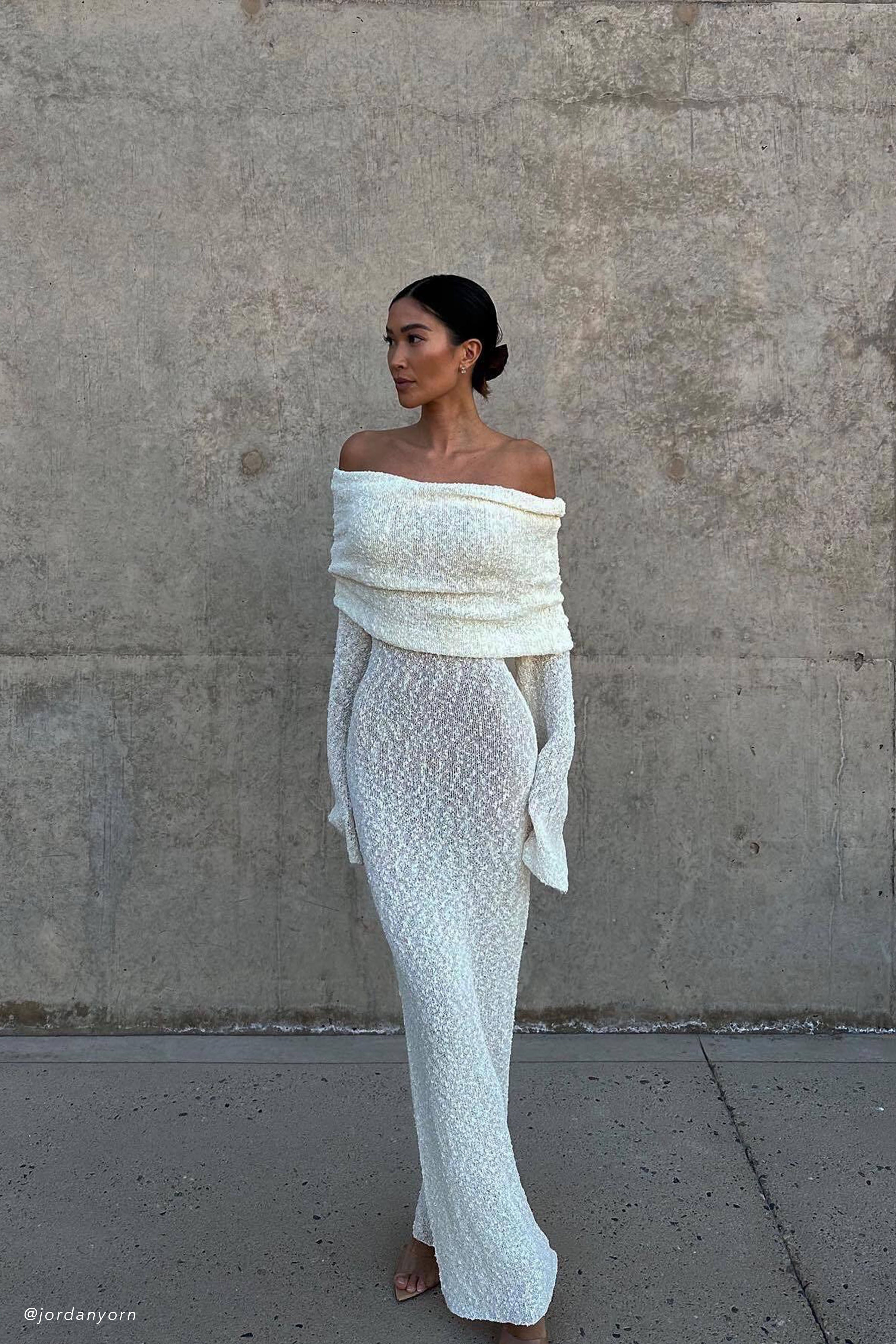 Marisol İspanyol Yaka Boucle Maxi Elbise - Krem Rengi