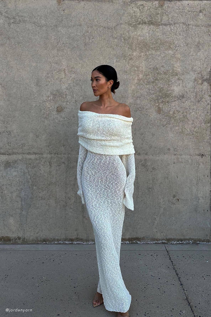 Marisol İspanyol Yaka Boucle Maxi Elbise - Krem Rengi