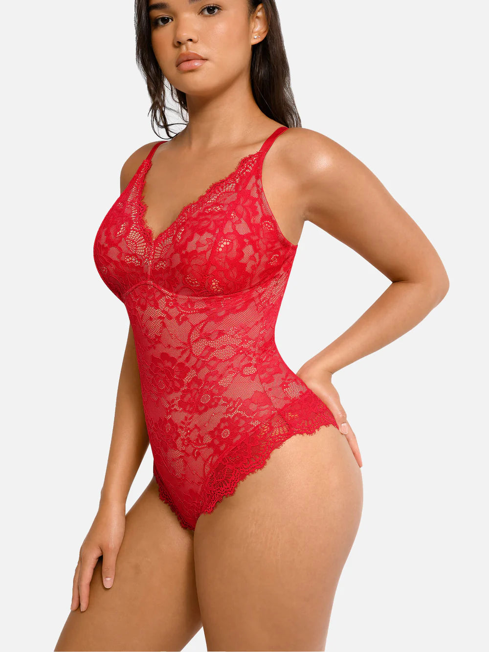 Dantelli V Yaka Tam Vücut Bodysuit (Kopya)