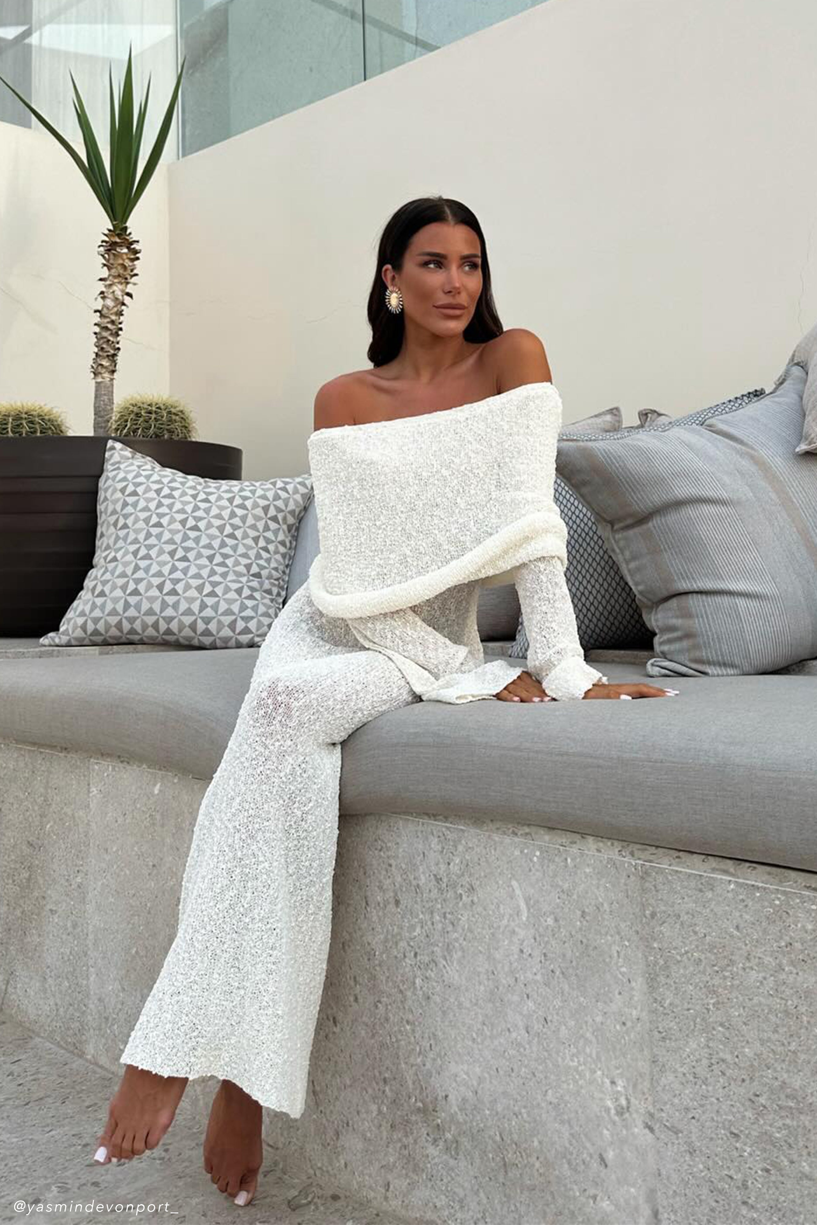 Marisol İspanyol Yaka Boucle Maxi Elbise - Krem Rengi